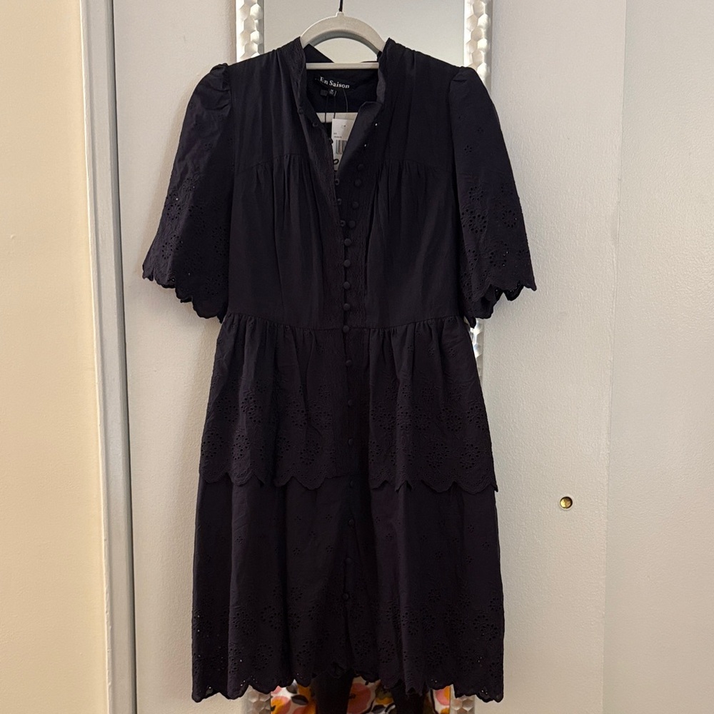 En Saison Navy Midi Eyelet Dress